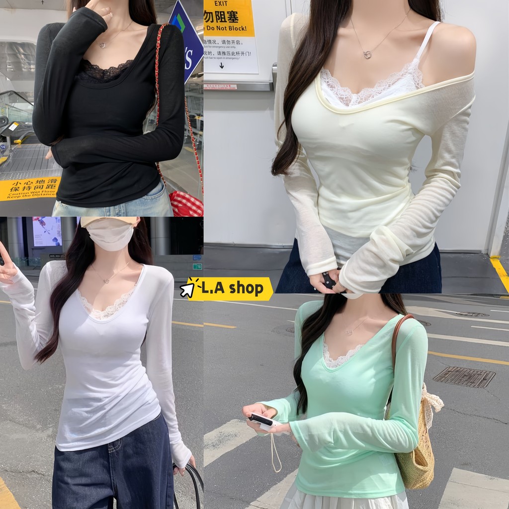 L.A Shop★สไตล์ใหม่★พร้อมส่ง สายเดี่ยว/เสื้อแขนสัน ผ้านุ่มนิ่ม คอวี ซีทรู สีพื้นยืดพอดี"FY5513/FY5515"