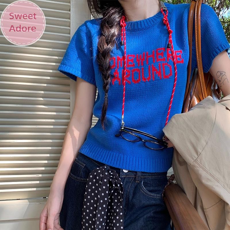 SweetAdore แขนสั้น O-neck Pullover สำหรับผู้หญิง สไตล์ Vintage เอlegant ฤดูร้อนใหม่ กับลายเชิคและพื้นฐานการเย็บปักถักร้อย
