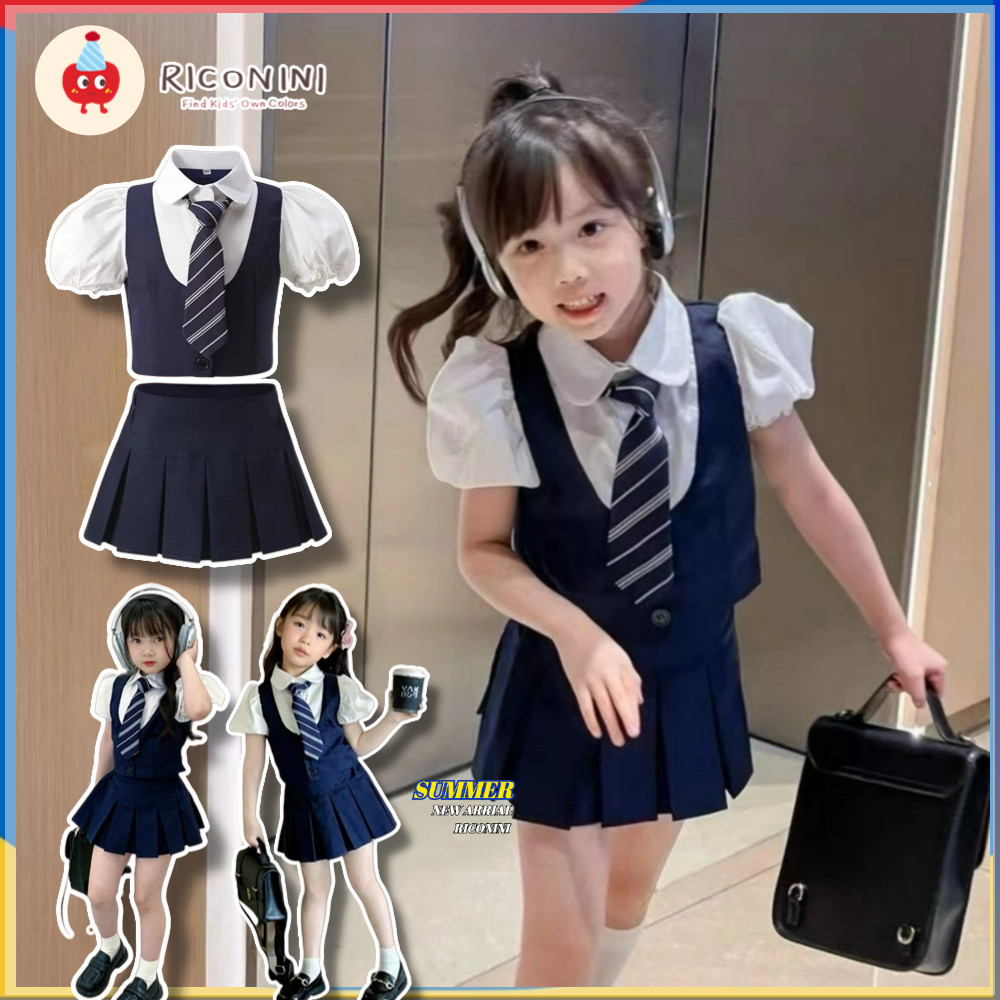 Girls Academy Style Set Girls JK Uniform สองชิ้นชุดแฟชั่นเด็กกระโปรงจีบกางเกงฤดูร้อนเด็ก Navy blue เดรสจีบชุด