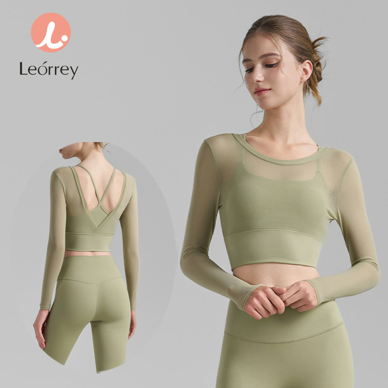 Leorrey-เสื้อครอปแขนยาวผ้าตาข่ายซีทรูด้านหลังลึก ชายกว้าง สำหรับเล่นกีฬากลางแจ้ง