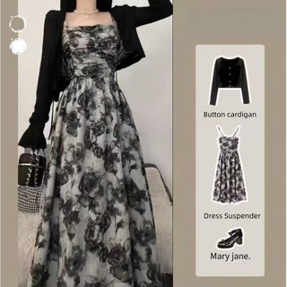 Setelan Gaun Suspender Motif Bunga Mawar Tinta Gaya Retro Kardigan Pelindung Matahari Rok Panjang Pinggang Ramping - G065