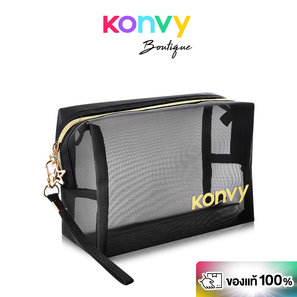 Konvy Mesh Square Octagon Bag คอนวี่ กระเป๋าเครื่องสำอางแบบตาข่ายโปร่งใส ทรงสี่เหลี่ยม สีดำ.