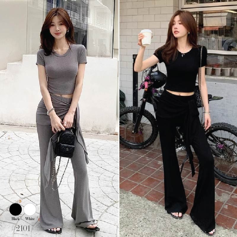 เสื้อยืดคอกลม สีดำ แขนสั้น กางเกงเอวยางยืดขาม้า แต่งชายผ้าพันรอบเอว ผ้าโพลิเอสเตอร์ นุ่ม เซ็ต2ชิ้น #2101