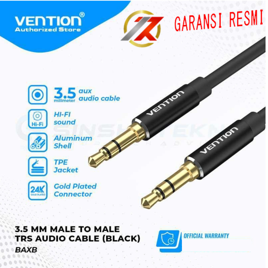 VENTION BAX 2M-5M สายสัญญาณเสียง AUX 3.5 มม.สายสัญญาณเสียงชายกับชายอลูมิเนียมสีดําประเภท