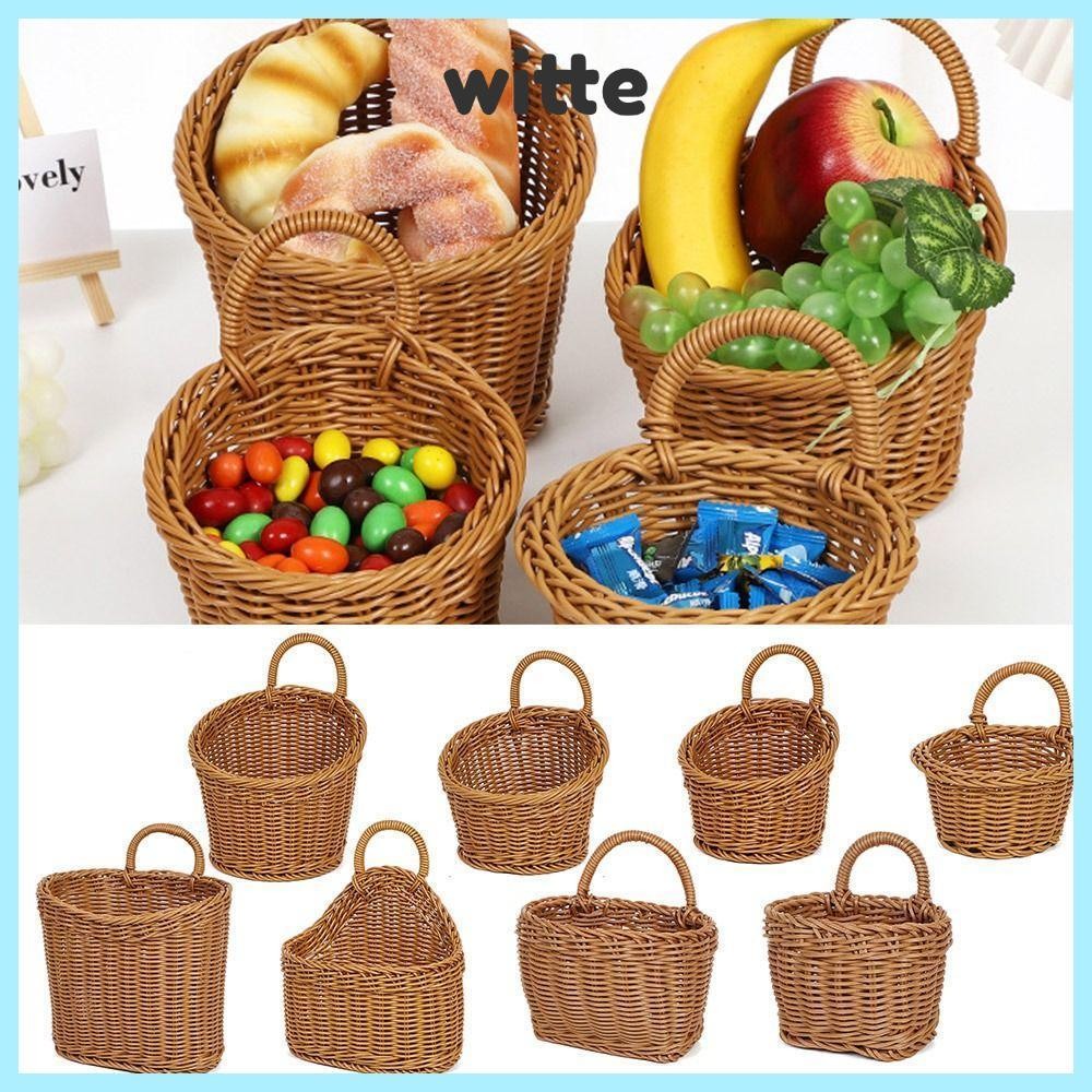 ตะกร้าหวายเทียม แบบสานด้วยมือ พร้อมหูหิ้ว สีน้ําตาล สําหรับแขวนตกแต่งบ้าน ห้องครัว ของขวัญ ของจิปาถะ
