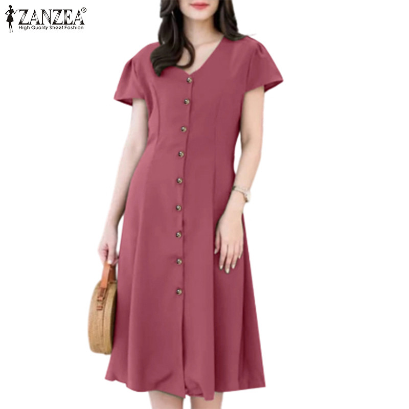 ZANZEA ซานเซีย ผู้หญิงแฟชั่นเกาหลีลําลองคอวีแขนสั้นเปิดด้านข้างผูกชุด
