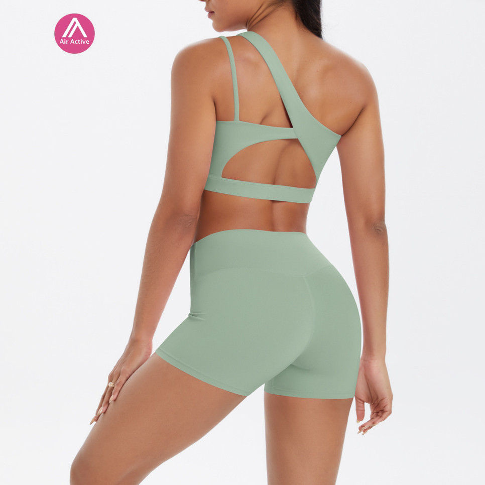 Airactive Leisure  Yoga Sports Set Single Shoulder Strap Sports Bra And High Waist Sports Shorts