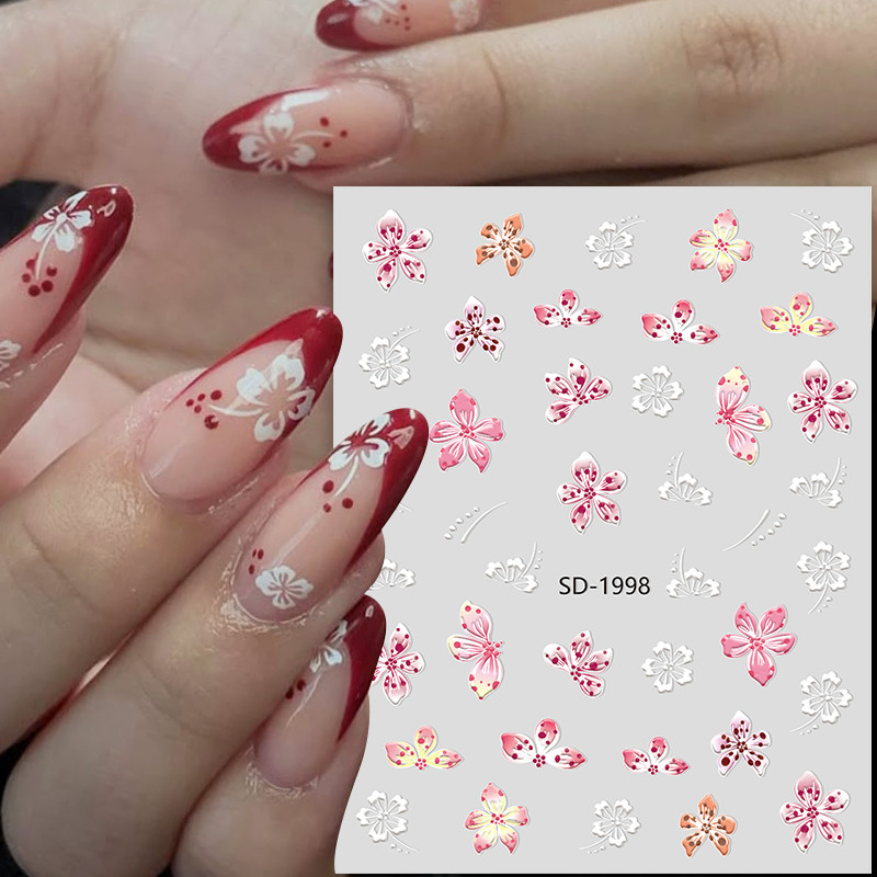 ดอกไม้สติ๊กเกอร์ติดเล็บสีขาวสีชมพูที่มีสีสันฮาวายดอกไม้ ง เอแคลส์ เล็บ ทําเอง กาวฤดูร้อน แถบเลื่อน ตกแต่งเล็บ