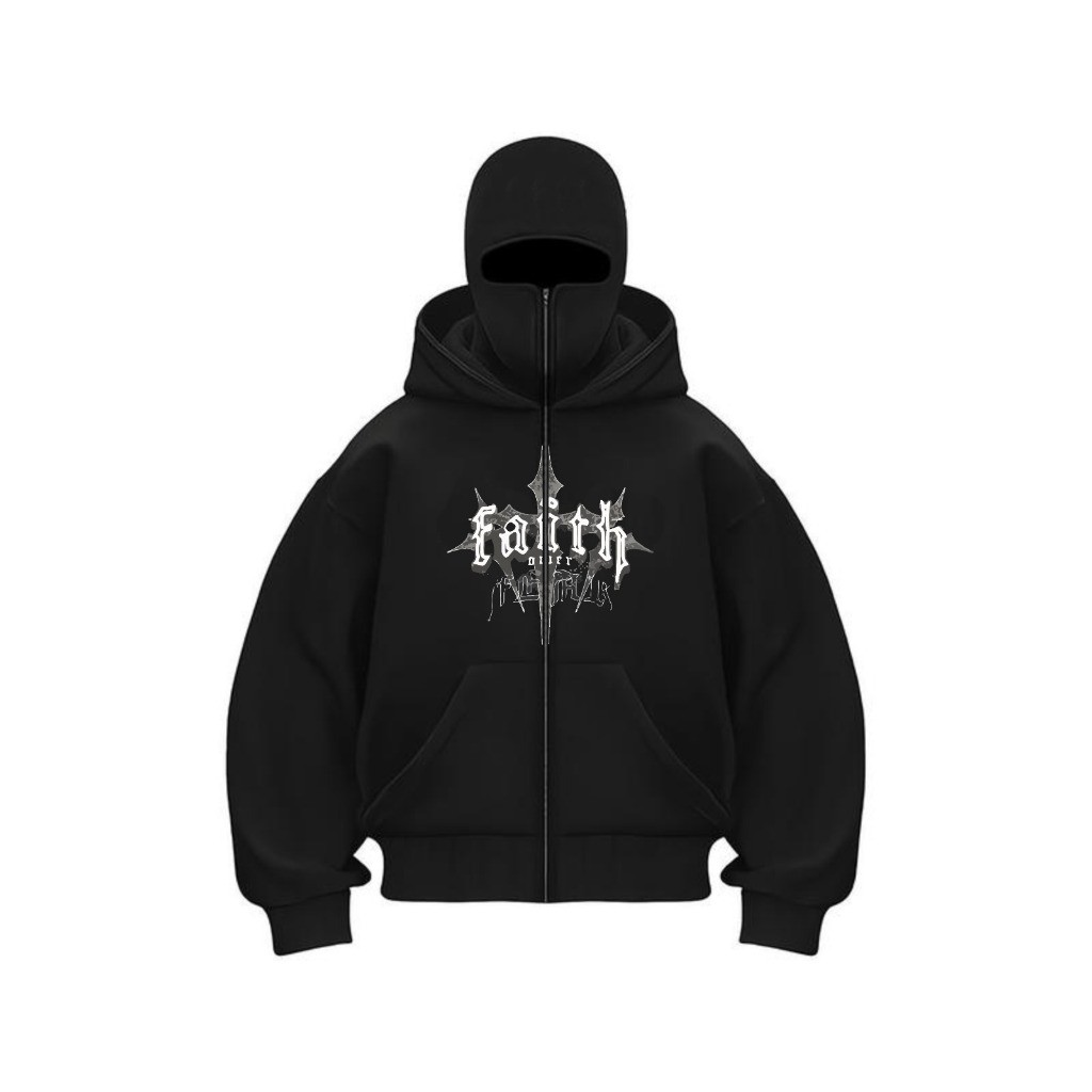 Hoodie Balaclava Faith Over Fear Zipper Boxy เสื้อแจ็คเก็ตสะท้อนแสง
