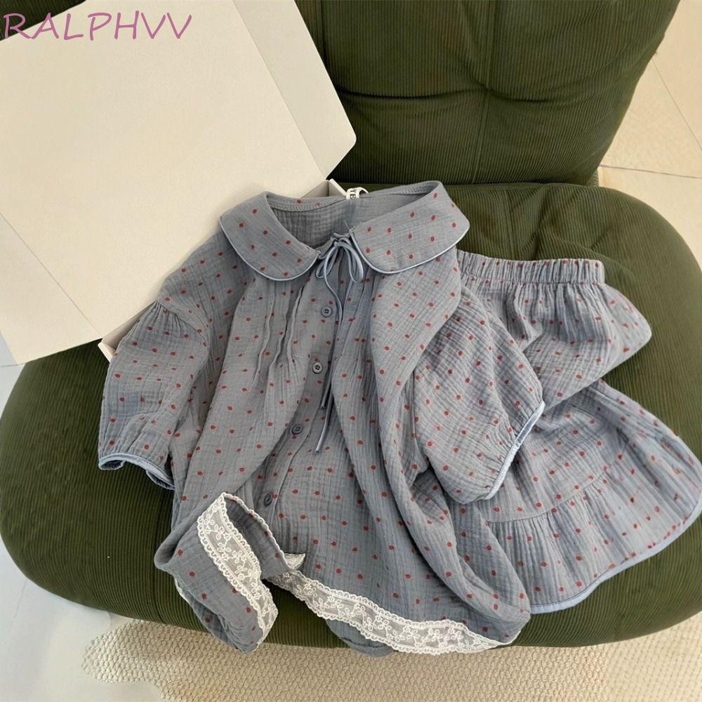RALPHV ชุดนอนหวาน หลวม O คอแขนสั้น แฟชั่น Dot Lace Ruffle Home Wear ชุด 2 ชิ้น สำหรับฤดูร้อน