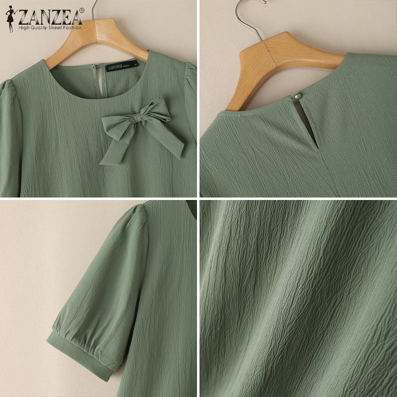 ZANZEA เสื้อเบลาส์คอกลมแขนพัฟแขนกลางหรูหราเกาหลีสําหรับผู้หญิง — صورة 8