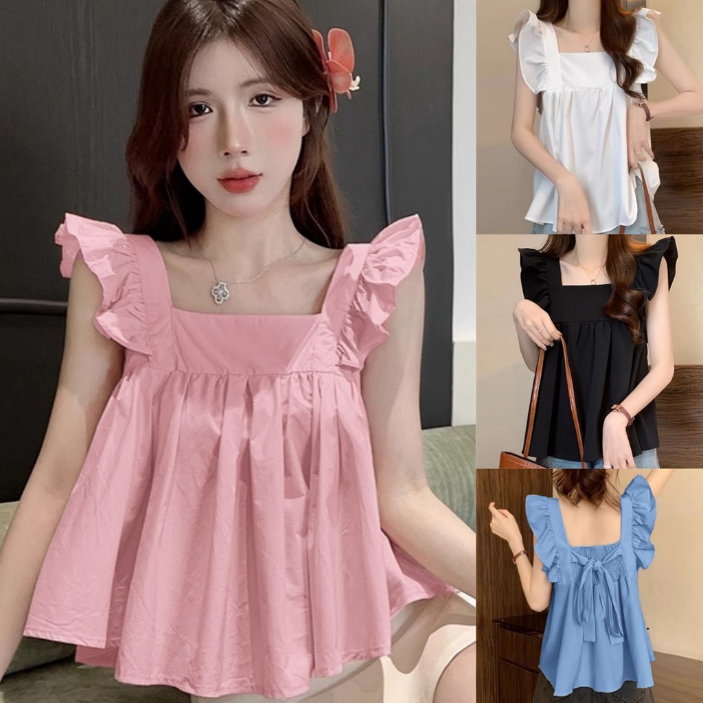 Suysuy พร้อมส่ง เสื้อคอเหลี่ยม แขนระบาย มีไซส์ M-4XL ผ้าคอตตอน งานสม็อคหลัง ยืดได้เยอะ ดีเทลแต่งโบว์ผูกด้านหลัง