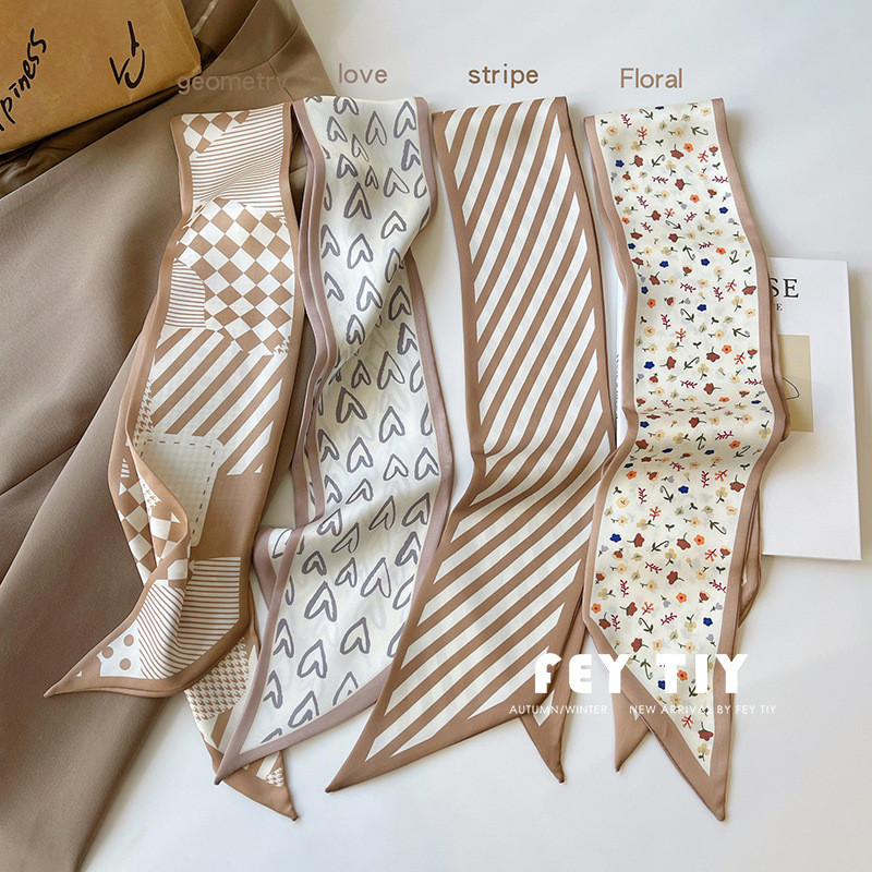 ผ้าพันคอไหมขนาดเล็กสไตล์เกาหลี สีกากี สำหรับผู้หญิง สามารถใช้เป็นเครื่องประดับผมได้อย่างสวยงาม