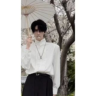 🖤Stand Collar Pleated Shirt เสื้อเชิ้ตผู้ชายคอจีนพับร่อง ผ้าคอตตอน100% แขนยาวสไตล์เรียบหรู มี2สี ดำ/ขาว Size M-3XL