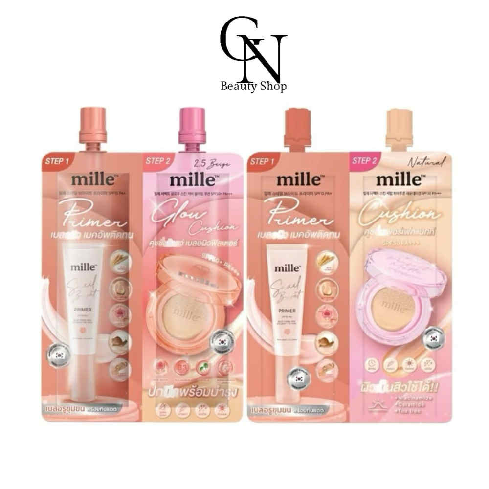 Mille มิลเล่ ซองคู่ ไพรเมอร์+คุชชั่น Mille 2IN1 Bright Primer / Matte , Glow Cushion 4+4กรัม(1ซอง)