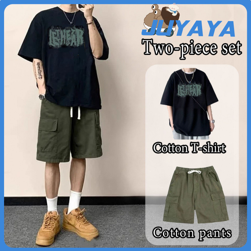 Juyaya เสื้อยืดคอกลม  ใหญ่แขนสั้น  ฤดูร้อนของผู้ชาย ผู้หญิง  ชุดสองชิ้น ชุดสูทเข้าชุด กางเกงลำลอง หล
