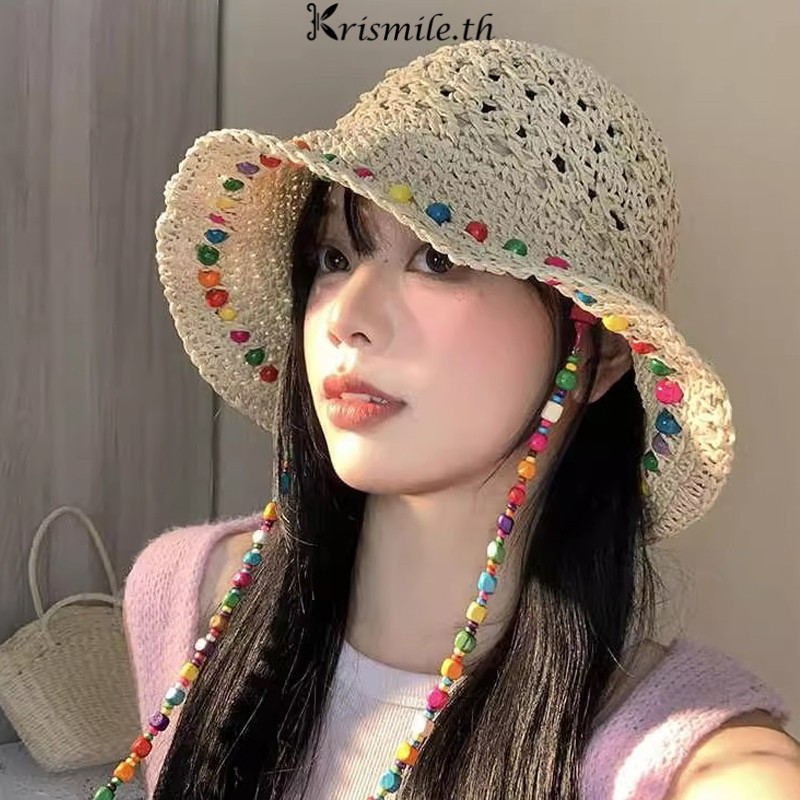 COD-ในไทย หมวกกันแดดชายหาดแฟชั่น ลูกปัดไม้หลากสี วันหยุดพักผ่อนหมวกฟางกลวง ปีกหมวกกว้าง ผู้หญิงที่Kri ราคา ถูกที่สุด ดีลบีเคเค แกลเลอรีภาพที่ 5