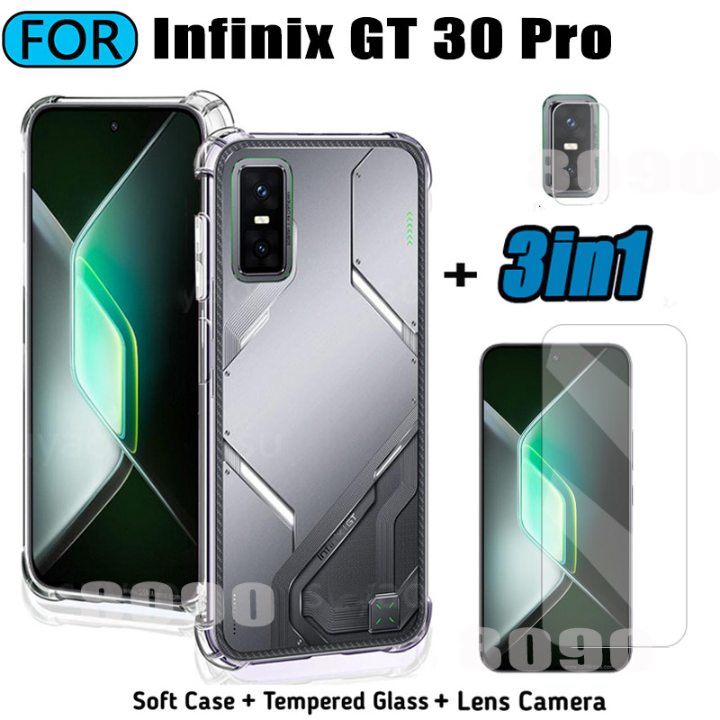 3in1 infinix GT 30 Pro เคสโทรศัพท์แบบนุ่มโปร่งใส infinix GT30 Pro กระจกนิรภัย + ฟิล์มเลนส์กล้องด้านห
