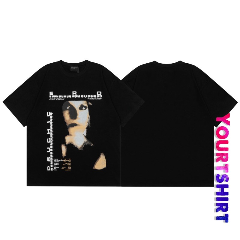 #T76 เสื้อยืดสีดําขนาดใหญ่พร้อมภาพศิลปะด้านหน้าและข้อความกราฟิก, สตรีทแวร์ ไม่เป็นทางการ สูงสุด