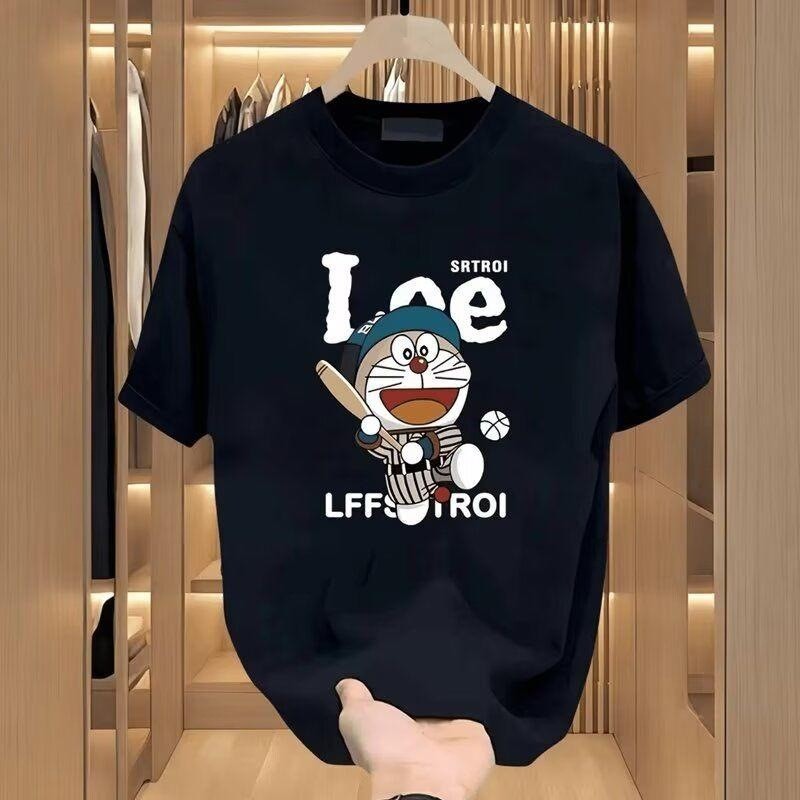 ชายเสื้อยืดแขนสั้นระบายอากาศเย็นสบายฤดูร้อนแบบอเมริกัน คอกลม ลายแมวโดราเอมอน ทินติน สีดำ