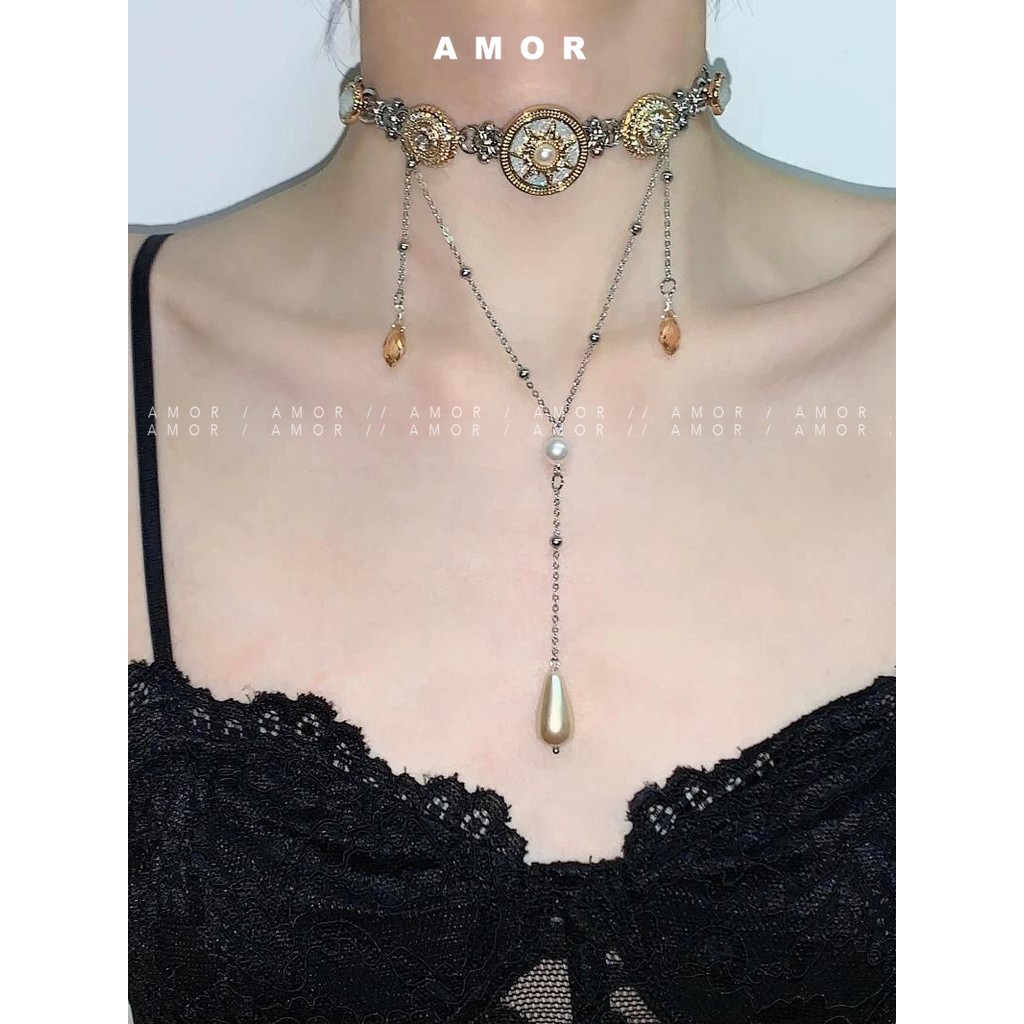 Gilded Vintage Y2K Pearl Tassel Choker Necklace - Luxury Heiress Party Statement Piece