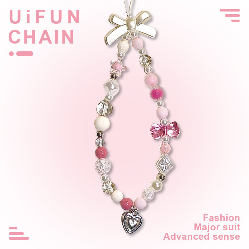 อิน สีชมพูกุทัณฑ์รูปหัวใจลูกปัดโทรศัพท์เชือกเส้นเล็กสายรัดข้อมือพวงกุญแจเสน่ห์โซ่แขวนสายป้องกันการสูญหายที่ทําด้วยมือดินโพลิเมอร์เซ