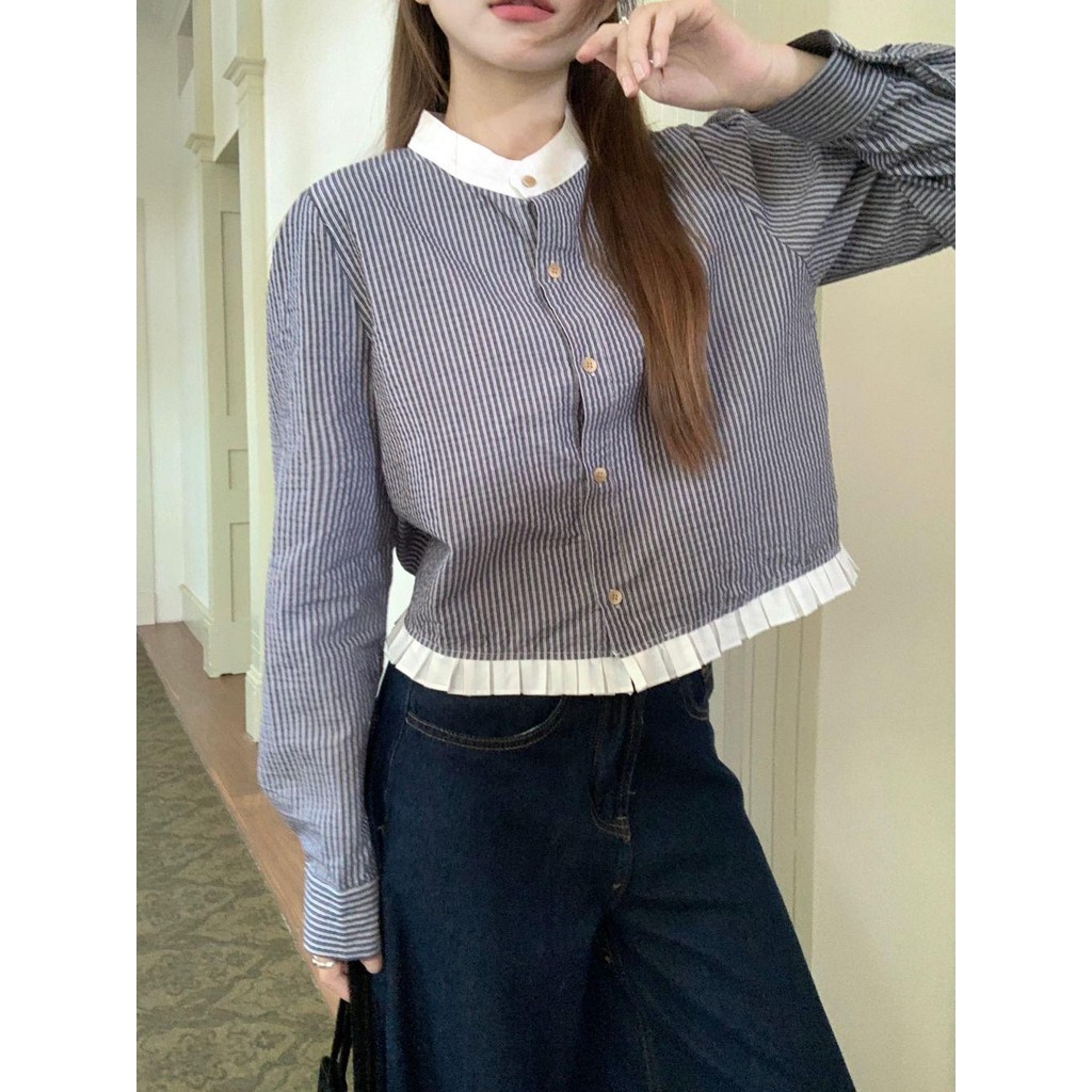 เสื้อเชิ้ตผู้หญิงแขนยาว สีตัดกัน เสื้อเชิ้ตลายทางสไตล์เกาหลี คอกลม ทรงสั้น เสื้อเชิ้ตหวานๆ ใส่ได้หลายโอกาส#W594