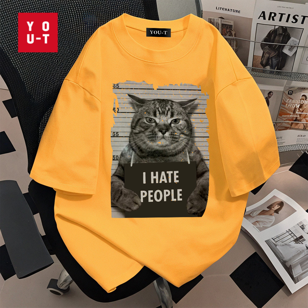 Y-T⚡เสื้อยืด oversize เสื้อยืดคอกลม สวมใส่สบาย ลาย "I HATE PEOPLE" วินเทจ ผ้าฝ้าย100% สกรีนลาย ไม่หดตัว แนวสตรีท
