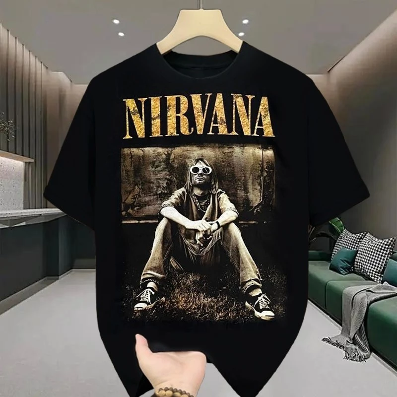 เสื้อยืดผู้ชายเท่ๆ คอกลม-แขนสั้น สกรีนลายวงดนตรีสุดเท่ เสื้อวงสตรีทแฟชั่นวินเทจ nirvana เสื้อยืดผู้ชายอ้วน โอเวอร์ไซส์