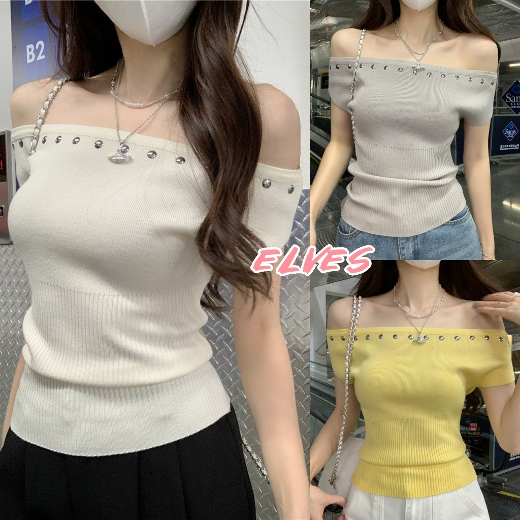 Elves พร้อม💟 เสื้อเปิดไหล่ ไหมพรม แขนสั้น ผ้าร่องเล็ก ยืดพอดีตัว สไตล์เกาหลี ผ้าใส่สบาย "Z-YT54"