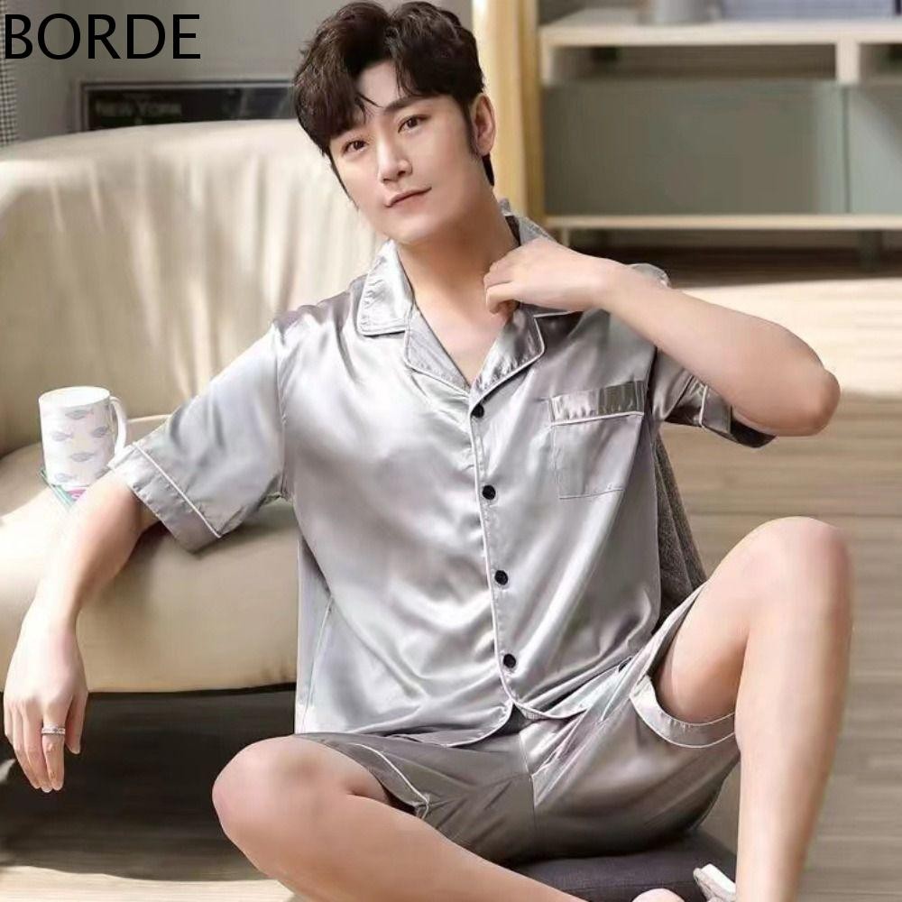 BORDE ชุดนอนลายตาราง แขนสั้น ซาตินผ้าไหม Homewear สองชิ้น ฤดูร้อน