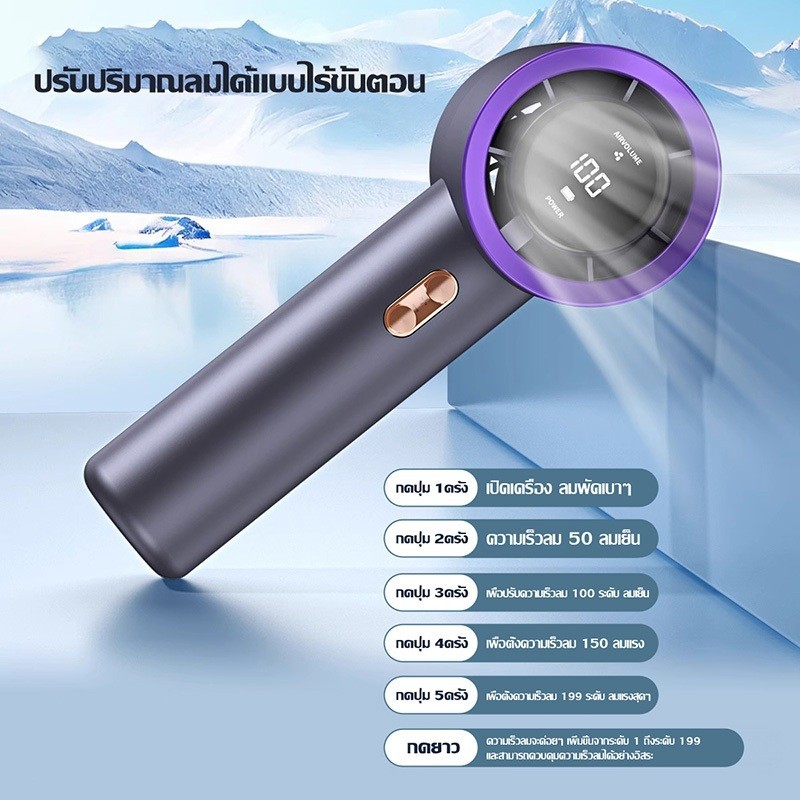 พัดลมพกพา Turbo รอบสูง ชาร์จ USB พัดลมมือถือ ทํางานเงียบ Digital Display มือถือพัดลมขนาดเล็ก ปรับระดับได้ 199 ระดับ - รูปที่ 2