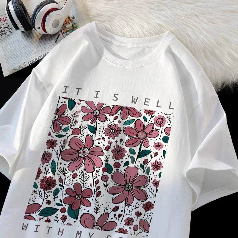 เสื้อยืดคอตตอน 100% ลายดอก แขนสั้นคอกลม สำหรับผู้หญิง thumbnail 4