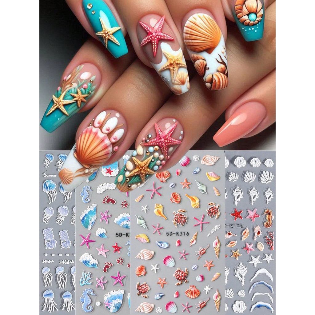 Ocean Bliss Summer Nail Art Stickers 5D นูน - Self-Adhesive Summer Beach & Sea Wave Marine Elements Designs, Sparkling Sea Shells, Conch, ปลาดาวและแมงกะพรุน
