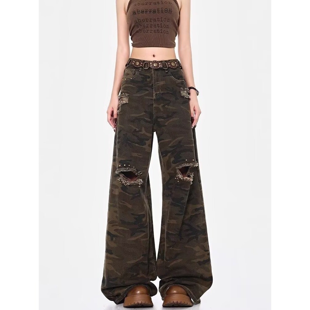 2025 กางเกงยีนส์เอวสูงลายพรางสีน้ำตาลแบบเรโทรสำหรับผู้ชายและผู้หญิงในฤดูร้อนใหม่