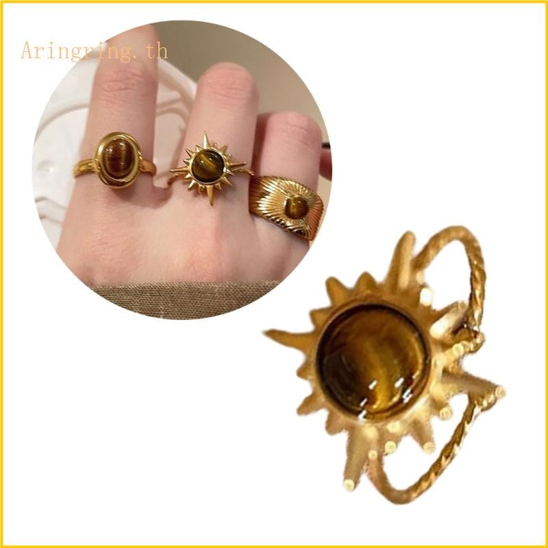 ARIN Retro สีน้ําตาลเรขาคณิต Tigers Eye Stone แหวนปรับขนาดแหวนเครื่องประดับวันหยุด