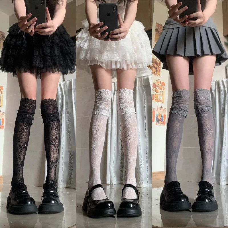 Lolita เซ็กซี่ลูกไม้ Fishnet ถุงน่อง Ultra Thin Hollow Retro ดอกไม้ Vine เข่า