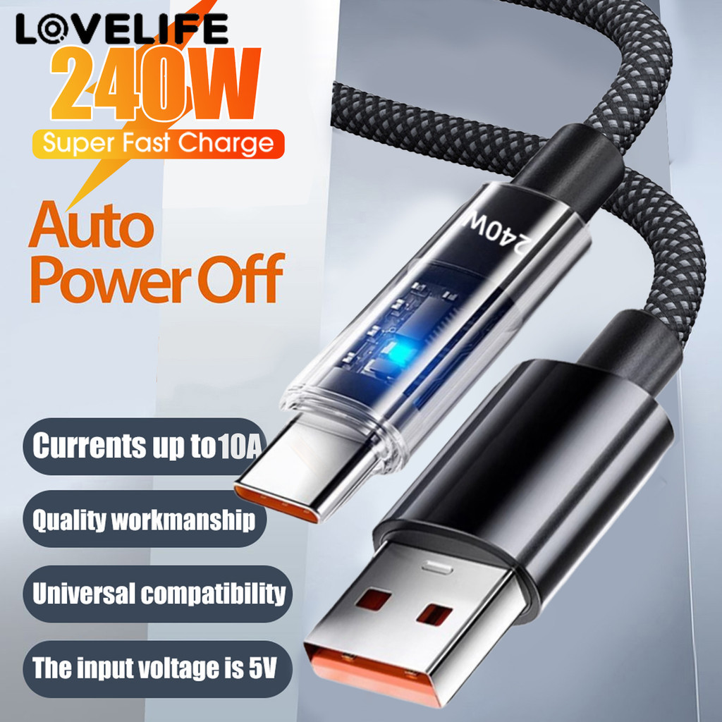 [H&L]สายชาร์จ LED USB-C แบบใส 240W การชาร์จความเร็วสูง, การออกแบบถักไนลอนไร้พันกันเข้ากันได้กับโทรศัพท์/แท็บเล็ต/พีซี