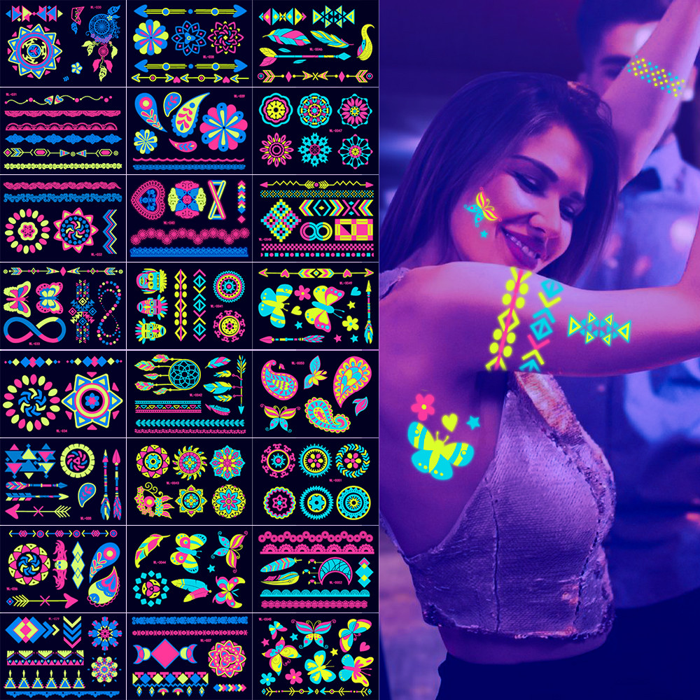 Luminous รอยสักชั่วคราวสติกเกอร์ UV Neon เรืองแสงในที่มืดสำหรับ Body Face Tattoo สติกเกอร์ Party Accessorie