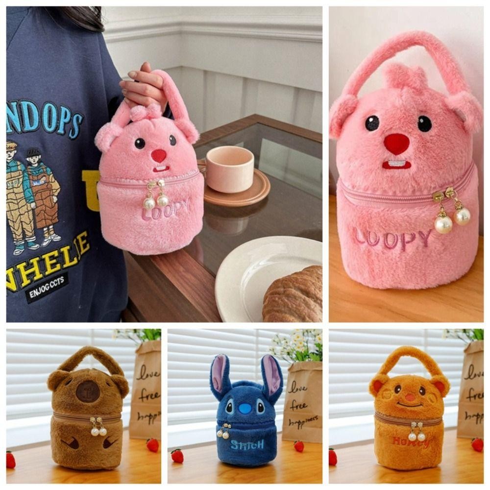Sevenhome3e กระเป๋าถือ Capybara ความจุขนาดใหญ่กระเป๋าใบเล็ก Butterbear ซิป Furry กระเป๋า, อินเทรนด์ Stitch Bucket Loopy การ์ตูนสัตว์กระเป๋าข้อมือเด็ก