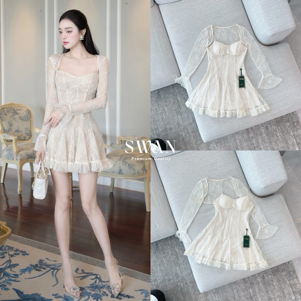 NN.closet (พร้อมส่ง) เดรสสายเดี่ยวลูกไม้ซีทรูซ้อนด้วยซับในสีครีม Swan285