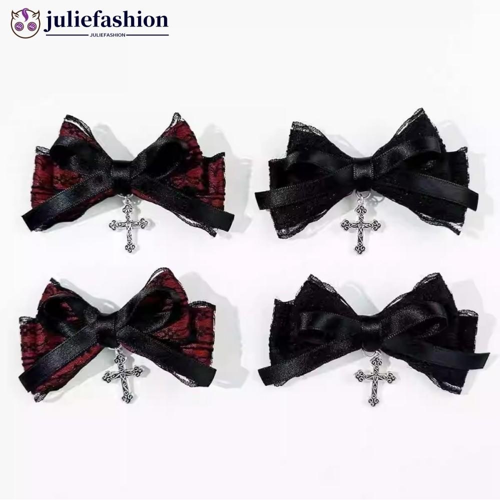 JULIEFASHION 2 ชิ้นสไตล์โกธิคโบว์กิ๊บหวานเย็นอุปกรณ์ผมคอสเพลย์สีดําไวน์แดงลูกไม้ผมจระเข้คลิป Barrett