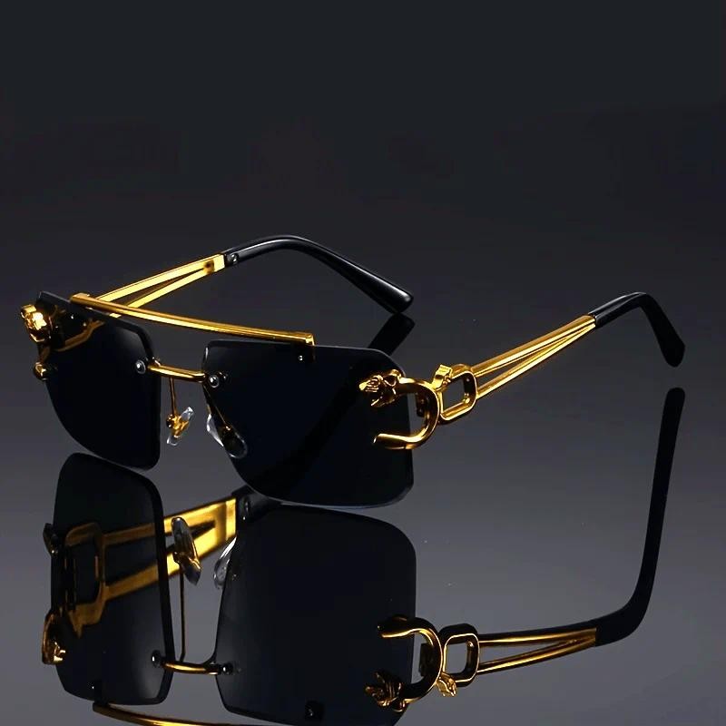 Vintage Golden Fasion แว่นตา Cool Tiger ขาตั้งผู้หญิง Frameless สีดําสําหรับผู้ชายและผู้หญิงเดินทางกลางแจ้ง Anti Glare แก้ว