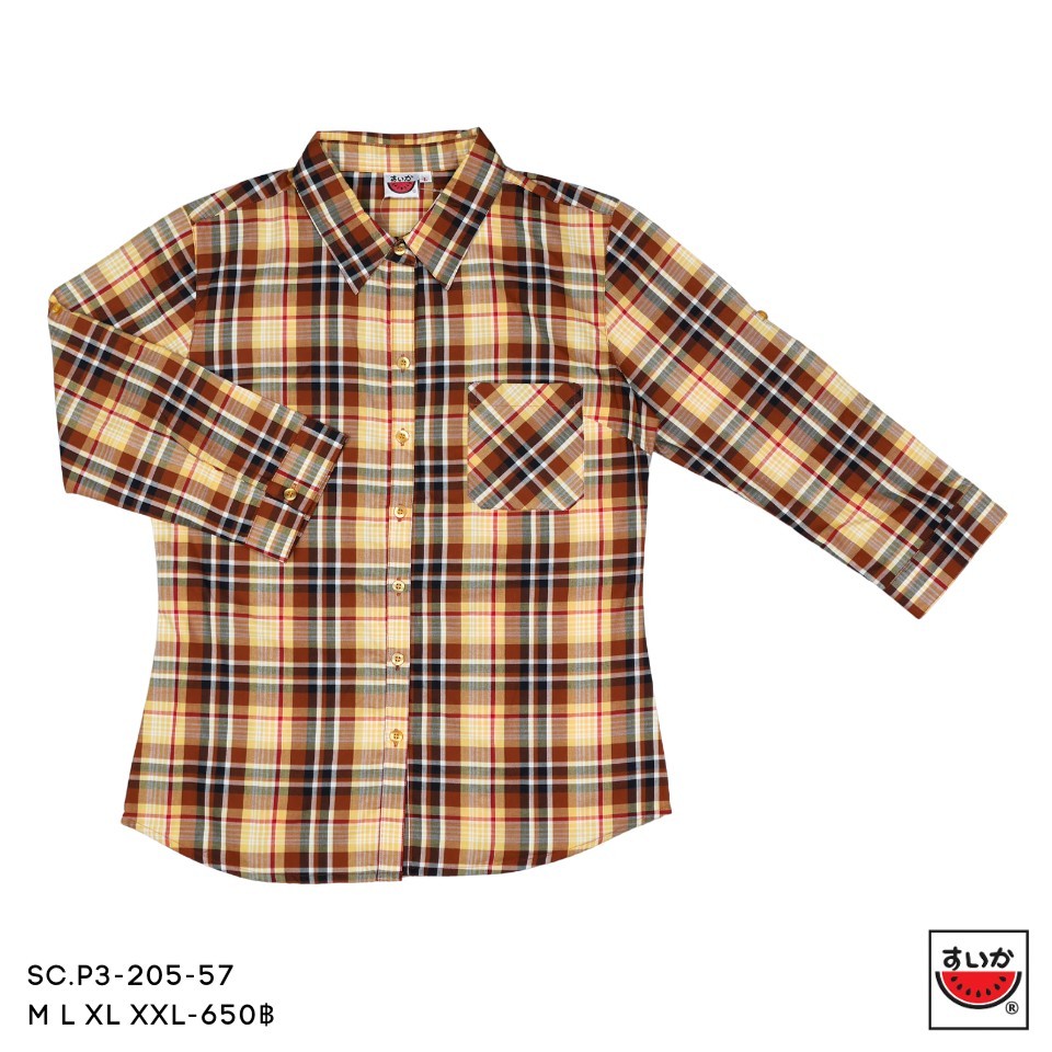 เสื้อแตงโม (SUIKA) คอปกเชิ้ตผ่าหน้าแขนสามส่วน ผู้หญิง ลายสก๊อต (ผ้าไม่ยืด) ( SC.P3 ) — صورة 2
