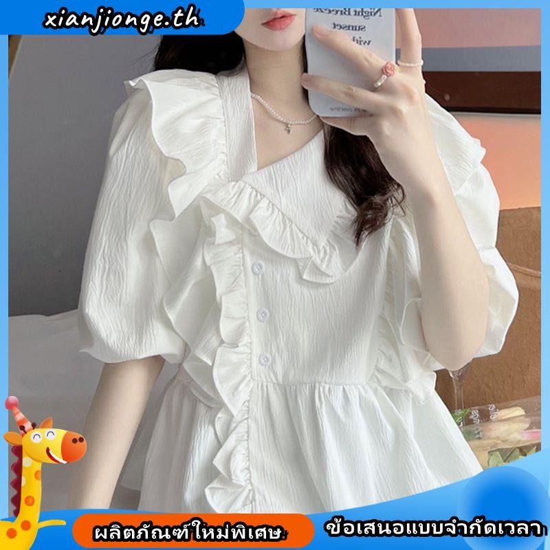 เสื้อเชิ้ตผู้หญิงแขนสั้น เสื้อสาวอวบ คอตุ๊กตา ไซส์ใหญ่ สไตล์ฝรั่งเศส เสื้อแฟชั่นผู้หญิง