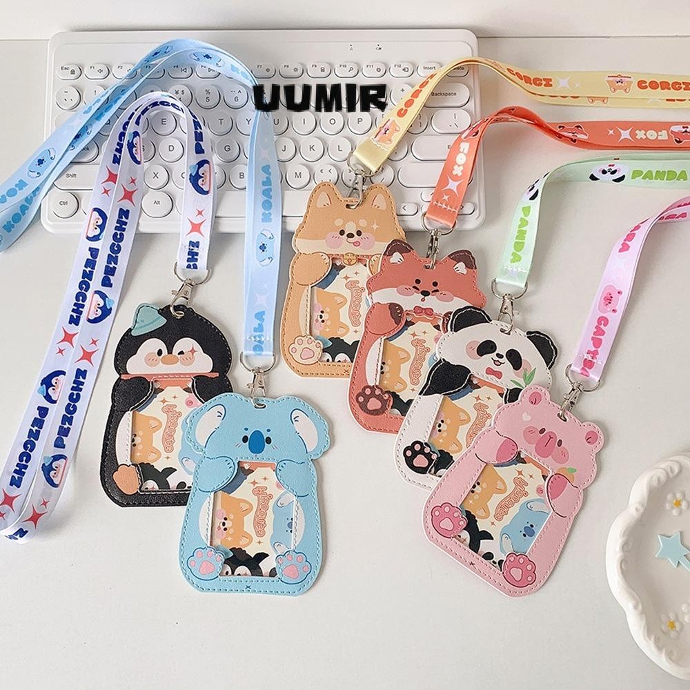 UUMIR ผู้ถือบัตร,พร้อมเชือกเส้นเล็กหนัง PU บัตรรถบัสเด็ก,น่ารักกันน้ําการ์ตูนสัตว์ป้ายผู้ถือภาพป้องกัน