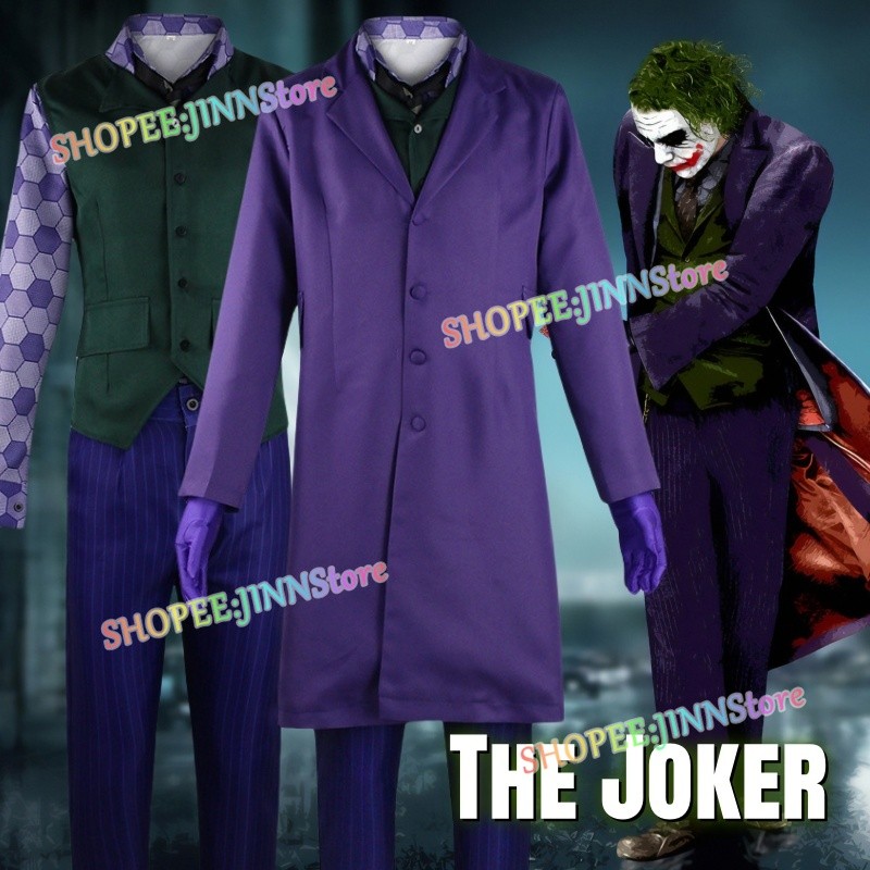 -JINN-เด็ก/ผู้ใหญ่ THE JOKER คอสเพลย์เครื่องแต่งกาย THE DARK KNIGHT JOKER คอสเพลย์เครื่องแบบสีม่วงและวิกผมชุดอะนิเมะปาร์ตี้ Carnival ชุด