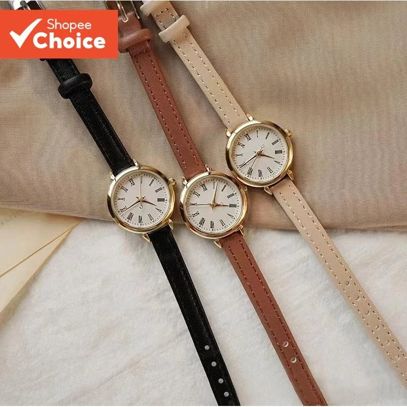 Womens Small Dial Quartz Watch – สายหนังบาง สไตล์เรโทรเกาหลี หรูหราและมินิมอล