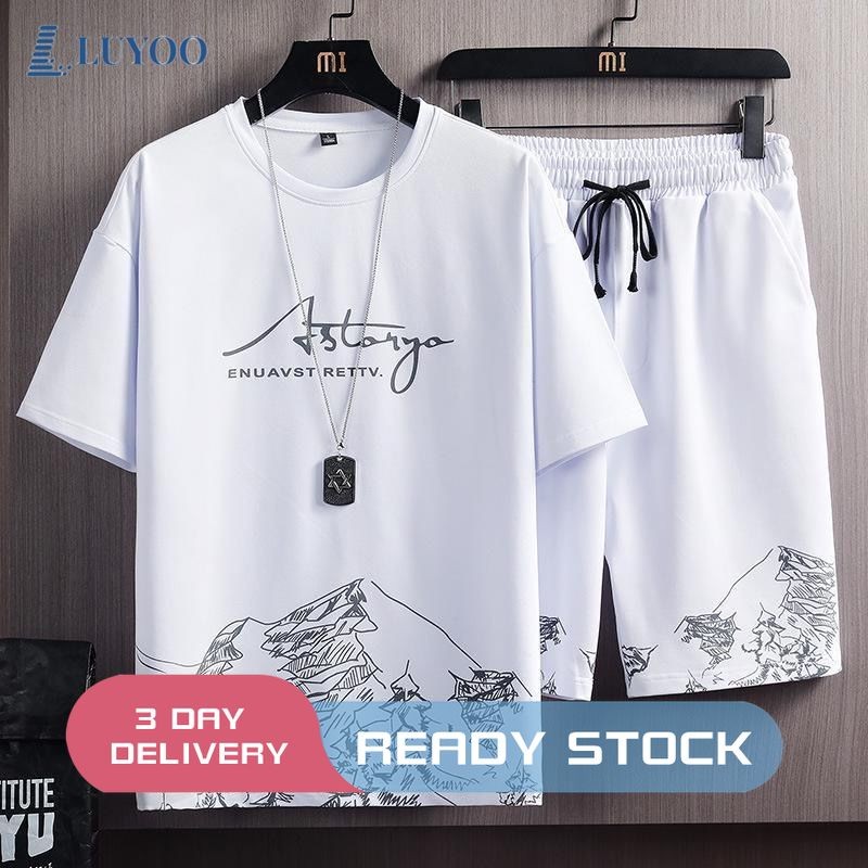LUYOO ชุด 2 ชิ้น เสื้อยืดและกางเกงขาสั้น ชุดผ้าไหมน้ำแข็งสำหรับผู้ชาย