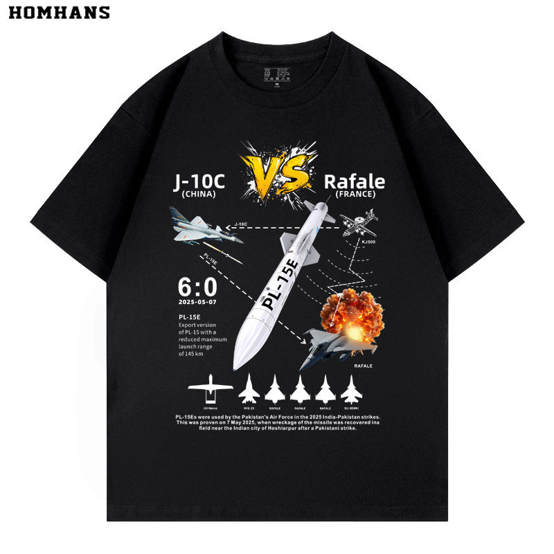 เสื้อยืดแขนสั้นลายทหารจีน J-10C Fighter Battle Style Thunderbolt PL15E ผ้าฝ้ายแท้ทรงหลวมพิมพ์ลาย
